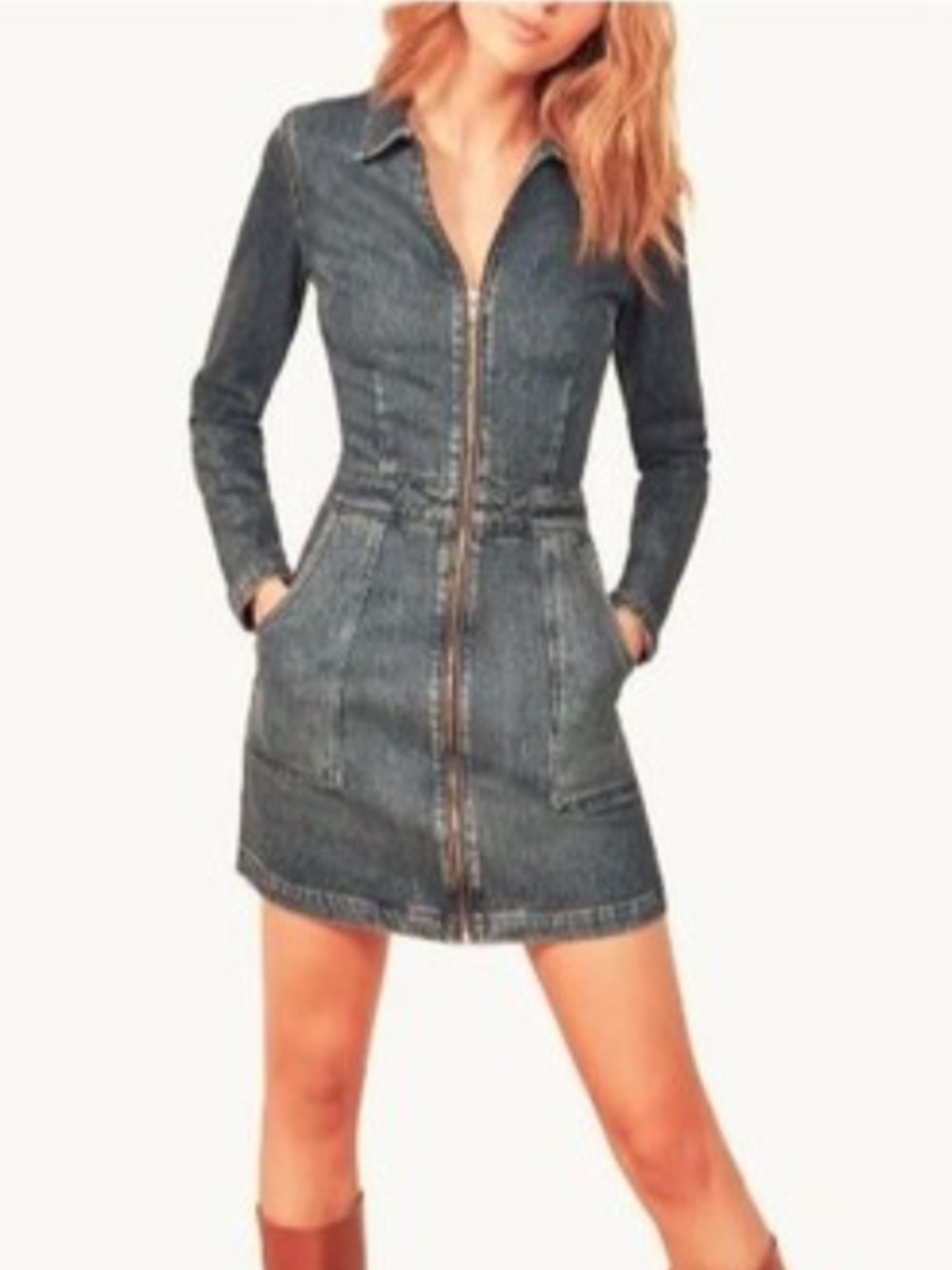 🌟Reformation 🌟Blue Denim Zip Front Long Sleeve  Dress. Size 10